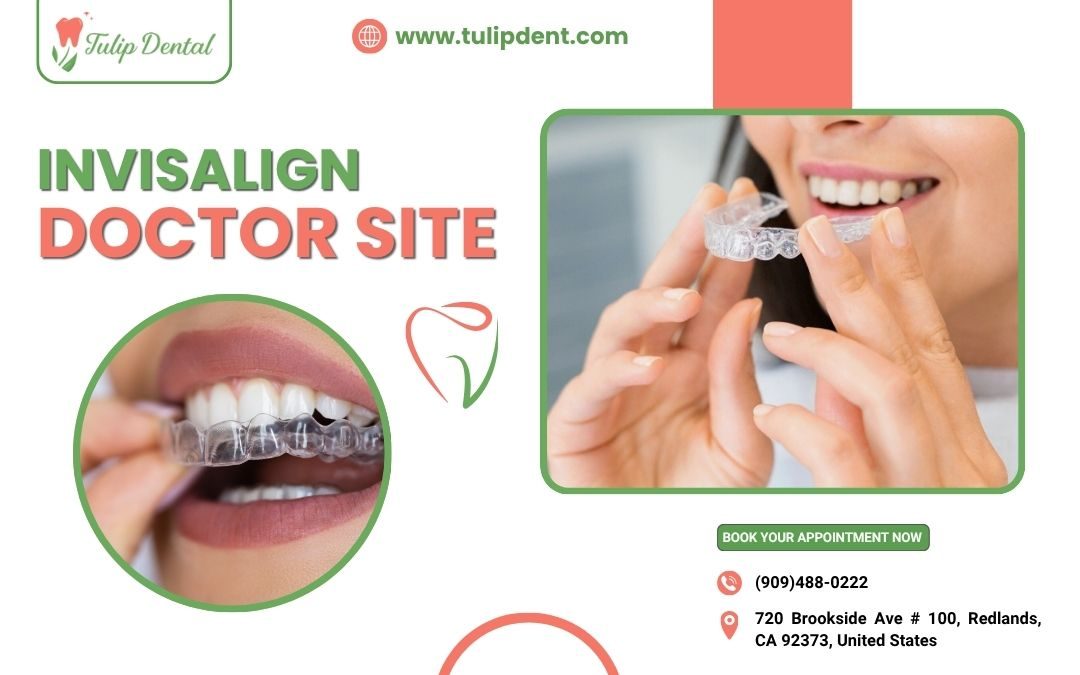 Promotional image for Tulip Dental showcasing Invisalign aligners and contact details for their Redlands clinic.