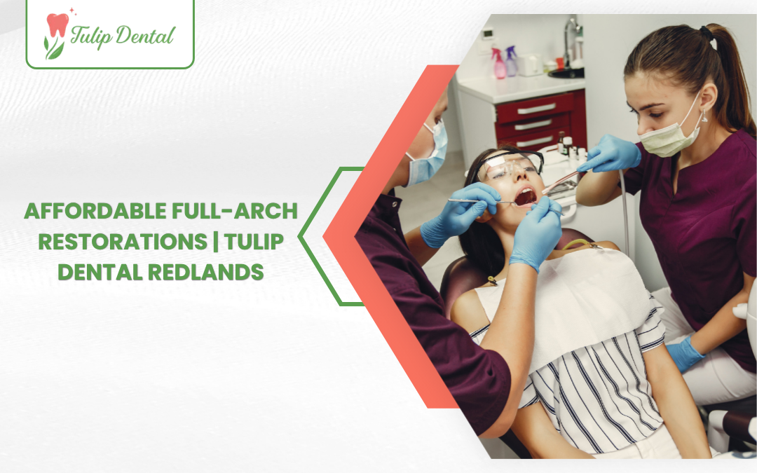 Dr. Noura Fadel discussing affordable full-arch dental implant restorations with a patient at Tulip Dental in Redlands, CA"